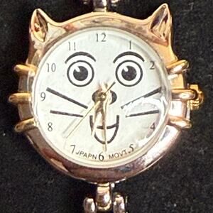 Gold Silver Kitten Japan Movement Stainless Steel Back Wrist Watch NWT